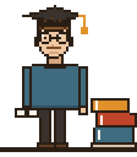 Marc-Antoine en pixels, mortier sur la tête, diplôme à la main, à côté d'une pile de livres.