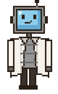 Le Prof. Datagotchi en pixels : un écran bleu pour visage, un sarrau blanc.