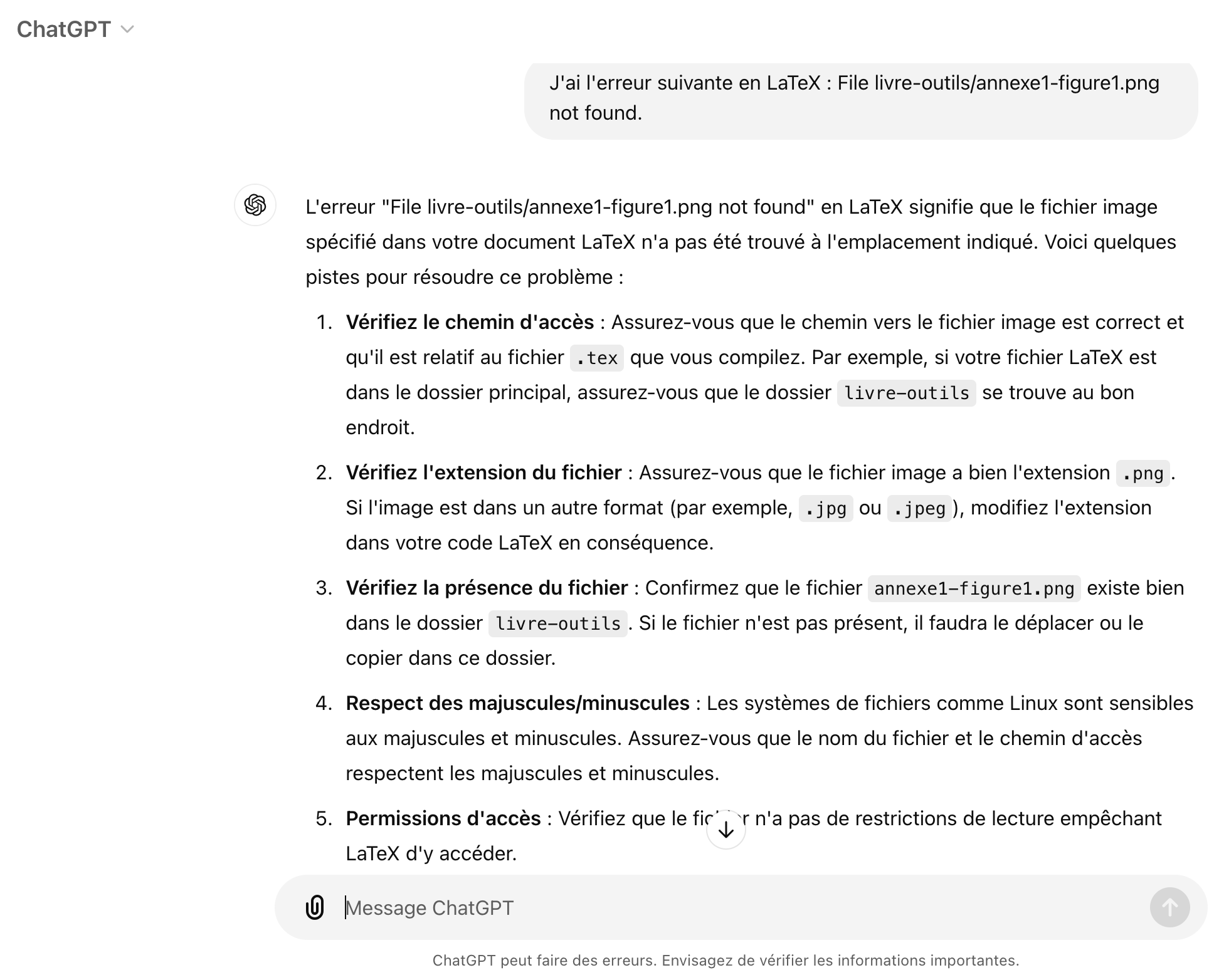 Exemple d'aide de ChatGPT pour une erreur LaTeX