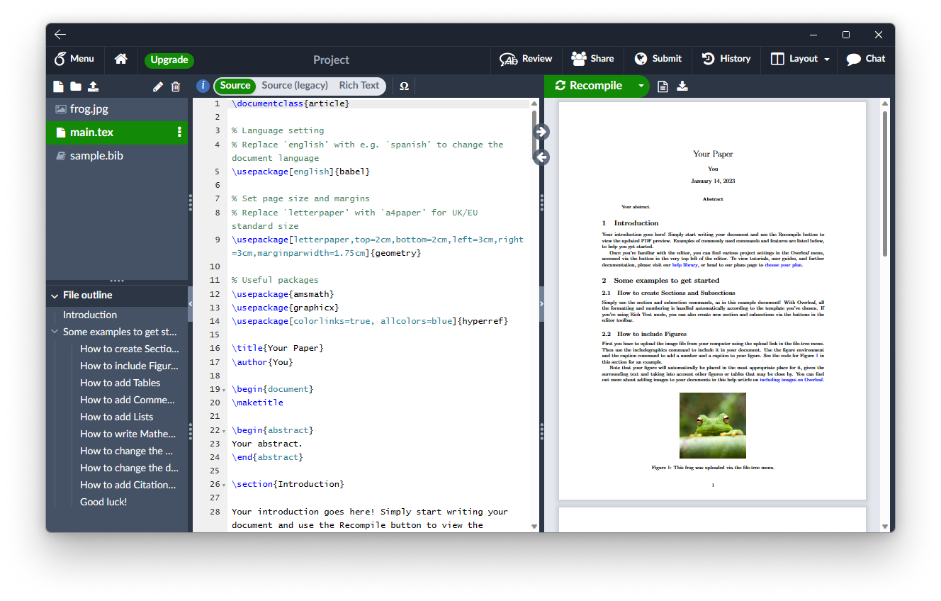 Interface d'Overleaf avec source LaTeX et PDF compilé